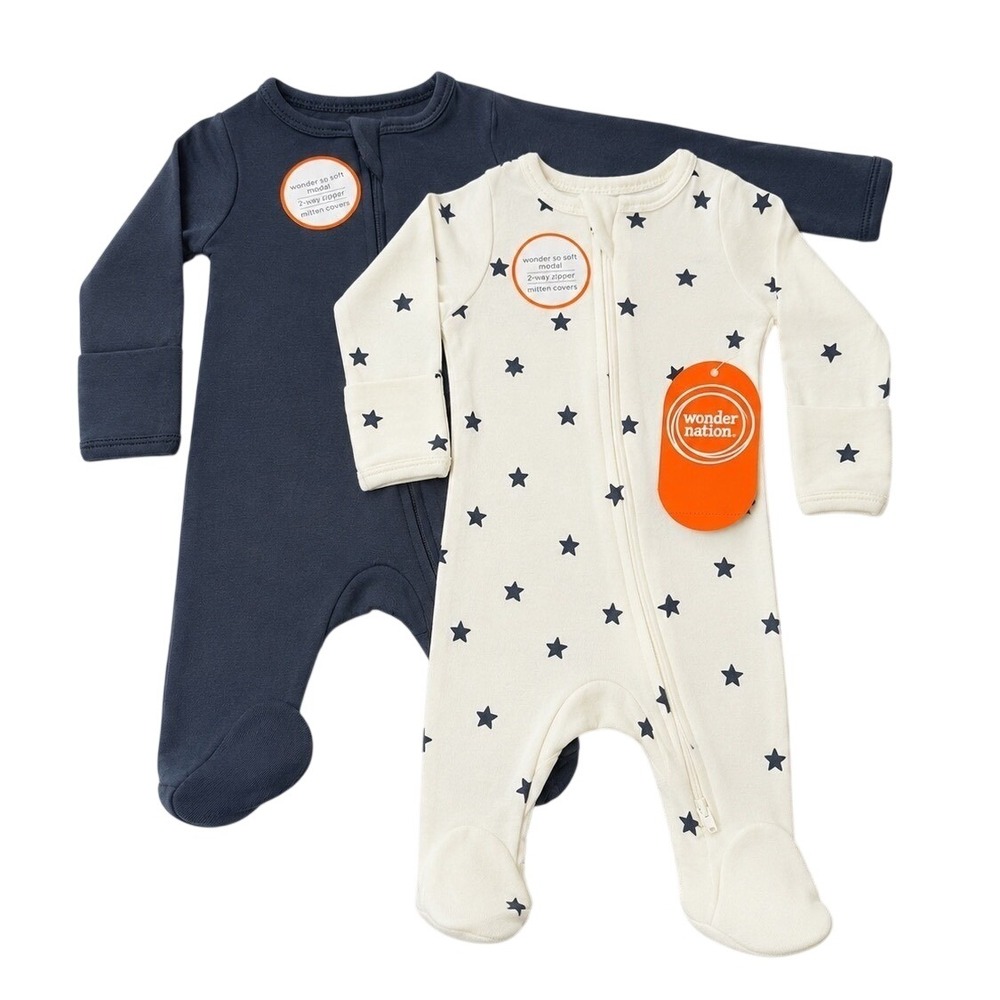 Wonder Nation Baby 2pk Modal Sleepers Stars Grey Navy 3-6M 2-Way ZipFootedSleepr